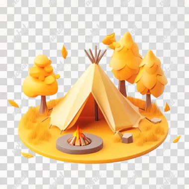 3D isometric illustration of a round tent and campfire, using simple geometric shapes, yellow trees, fall seasons, a white background, in the low poly style, with a yellow color scheme, in a cartoonish, cute and adorable style, rendered in Blender, with clean lines, at a high resolution with high details. Adorable leaf and lovely colors against a white background with a matte finishing and soft textures. Minimalist design with soft edges and a clean backdrop featuring orange accents. no shadow and reflection. clean background.