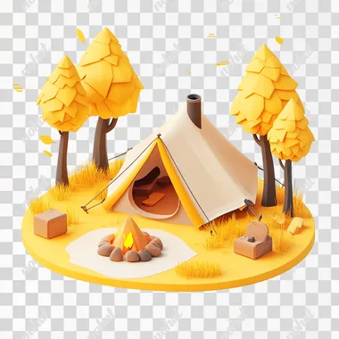 3D isometric illustration of a round tent and campfire, using simple geometric shapes, yellow trees, fall seasons, a white background, in the low poly style, with a yellow color scheme, in a cartoonish, cute and adorable style, rendered in Blender, with clean lines, at a high resolution with high details. Adorable leaf and lovely colors against a white background with a matte finishing and soft textures. Minimalist design with soft edges and a clean backdrop featuring orange accents. no shadow and reflection. clean background.