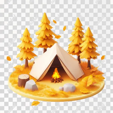 3D isometric illustration of a round tent and campfire, using simple geometric shapes, yellow trees, fall seasons, a white background, in the low poly style, with a yellow color scheme, in a cartoonish, cute and adorable style, rendered in Blender, with clean lines, at a high resolution with high details. Adorable leaf and lovely colors against a white background with a matte finishing and soft textures. Minimalist design with soft edges and a clean backdrop featuring orange accents. no shadow and reflection. clean background.