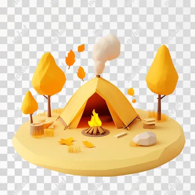 3D isometric illustration of a round tent and campfire, using simple geometric shapes, yellow trees, fall seasons, a white background, in the low poly style, with a yellow color scheme, in a cartoonish, cute and adorable style, rendered in Blender, with clean lines, at a high resolution with high details. Adorable leaf and lovely colors against a white background with a matte finishing and soft textures. Minimalist design with soft edges and a clean backdrop featuring orange accents. no shadow and reflection. clean background.