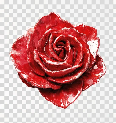 A red rose-shaped piece of meat, made from a shiny plastic material, is depicted in an overhead perspective against a white background. The flower has detailed petals and leaves that give it the appearance of being freshly cut or emerging from water. It's a vibrant red color with a glossy finish, emphasizing its natural beauty. This illustration captures the essence of realism while maintaining simplicity for easy use as clipart.