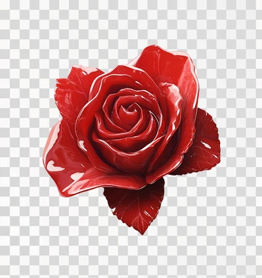 A red rose-shaped piece of meat, made from a shiny plastic material, is depicted in an overhead perspective against a white background. The flower has detailed petals and leaves that give it the appearance of being freshly cut or emerging from water. It's a vibrant red color with a glossy finish, emphasizing its natural beauty. This illustration captures the essence of realism while maintaining simplicity for easy use as clipart.