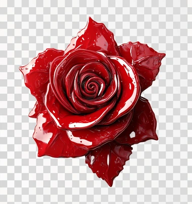 A red rose-shaped piece of meat, made from a shiny plastic material, is depicted in an overhead perspective against a white background. The flower has detailed petals and leaves that give it the appearance of being freshly cut or emerging from water. It's a vibrant red color with a glossy finish, emphasizing its natural beauty. This illustration captures the essence of realism while maintaining simplicity for easy use as clipart.
