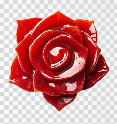 A red rose-shaped piece of meat, made from a shiny plastic material, is depicted in an overhead perspective against a white background. The flower has detailed petals and leaves that give it the appearance of being freshly cut or emerging from water. It's a vibrant red color with a glossy finish, emphasizing its natural beauty. This illustration captures the essence of realism while maintaining simplicity for easy use as clipart.