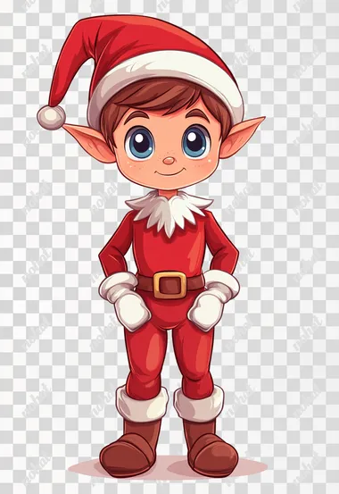 A cute cartoon elf, wearing red long-sleeved pants and white gloves on his hands. The boy has short brown hair with blue eyes, a small pointy hat covering his forehead, and is standing upright against a pure-white background. He's depicted in full-body view with no text or symbols added to any part of the illustration. This design captures an adorable Christmas character suitable for various applications, an isolated object with a simple shape, and a vector graphic art piece isolated on a pastel background.  --s 250
