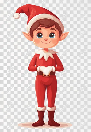 A cute cartoon elf, wearing red long-sleeved pants and white gloves on his hands. The boy has short brown hair with blue eyes, a small pointy hat covering his forehead, and is standing upright against a pure-white background. He's depicted in full-body view with no text or symbols added to any part of the illustration. This design captures an adorable Christmas character suitable for various applications, an isolated object with a simple shape, and a vector graphic art piece isolated on a pastel background.  --s 250