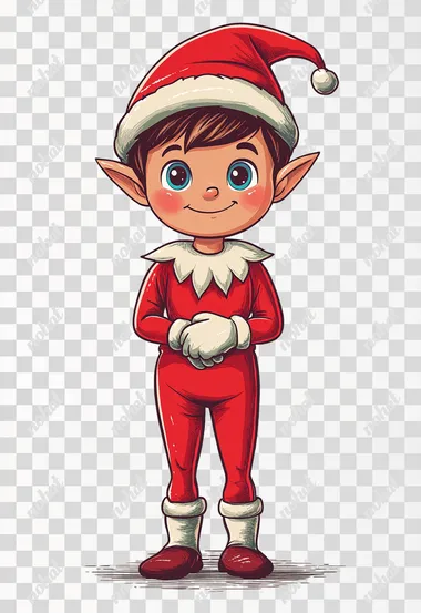 A cute cartoon elf, wearing red long-sleeved pants and white gloves on his hands. The boy has short brown hair with blue eyes, a small pointy hat covering his forehead, and is standing upright against a pure-white background. He's depicted in full-body view with no text or symbols added to any part of the illustration. This design captures an adorable Christmas character suitable for various applications, an isolated object with a simple shape, and a vector graphic art piece isolated on a pastel background.  --s 250