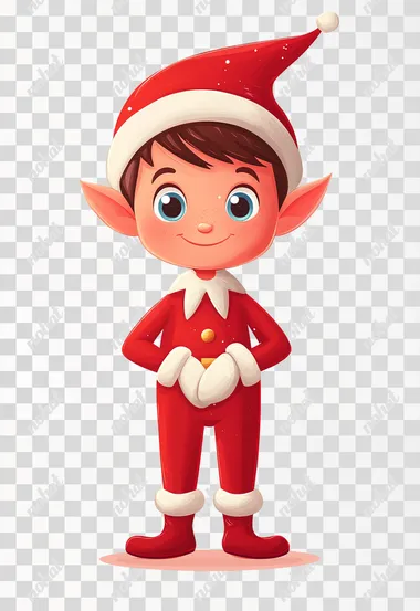 A cute cartoon elf, wearing red long-sleeved pants and white gloves on his hands. The boy has short brown hair with blue eyes, a small pointy hat covering his forehead, and is standing upright against a pure-white background. He's depicted in full-body view with no text or symbols added to any part of the illustration. This design captures an adorable Christmas character suitable for various applications, an isolated object with a simple shape, and a vector graphic art piece isolated on a pastel background.  --s 250