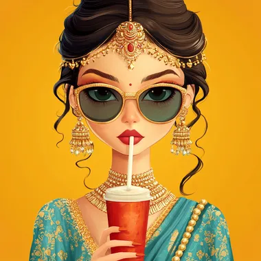 a indian royal queen, cartoon look, drinking cold drink with straw, wearing shades & all the ornaments, in a royal attire, with a attitude  --s 250