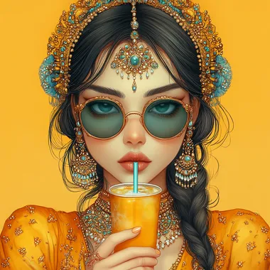 a indian royal queen, cartoon look, drinking cold drink with straw, wearing shades & all the ornaments, in a royal attire, with a attitude  --s 250