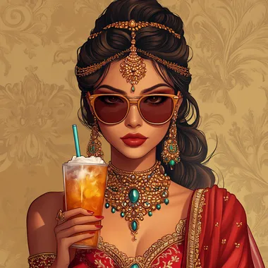 a indian royal queen, cartoon look, drinking cold drink with straw, wearing shades & all the ornaments, in a royal attire, with a attitude  --s 250