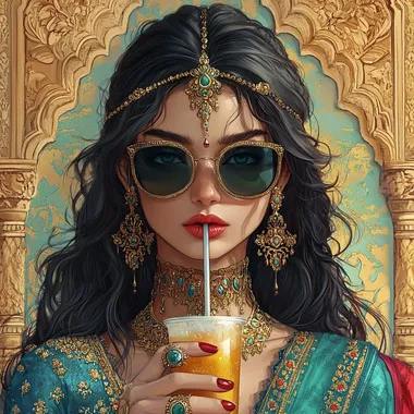 a indian royal queen, cartoon look, drinking cold drink with straw, wearing shades & all the ornaments, in a royal attire, with a attitude  --s 250