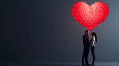 Silhouetted lovers standing under a glowing heart chandelier on a dark gray background , space for text  2231e8s     --s 250