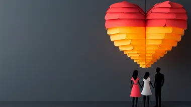 Silhouetted lovers standing under a glowing heart chandelier on a dark gray background , space for text  2231e8s     --s 250