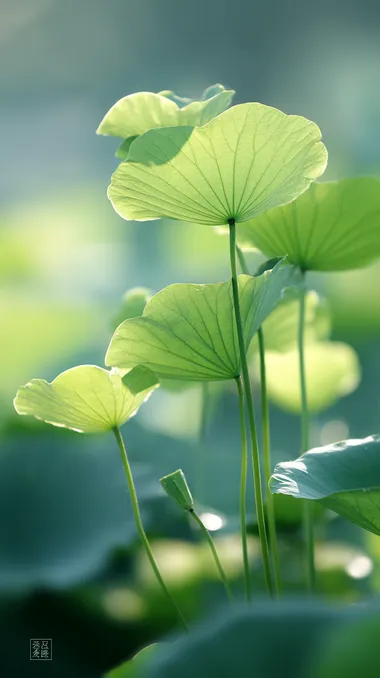 Early summer scenery, a few green lotus leaves in the sun, the picture has a sense of hierarchy, artistic beauty, minimalist style, high-definition photography photos.   hs3xyjq