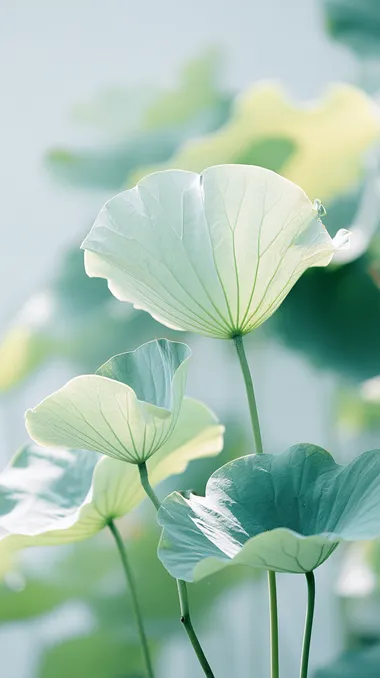 Early summer scenery, a few green lotus leaves in the sun, the picture has a sense of hierarchy, artistic beauty, minimalist style, high-definition photography photos.   hs3xyjq