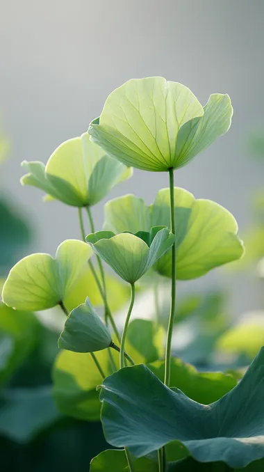Early summer scenery, a few green lotus leaves in the sun, the picture has a sense of hierarchy, artistic beauty, minimalist style, high-definition photography photos.   hs3xyjq
