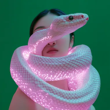 white snake made of glowing pink light, wrapped around the body of Chinese woman, emerald background. Minimalist, front-view, surreal photography style, studio lighting effect, low-angle shot, close-up, exaggerated perspective, strong contrast between reality and fantasy, unique visual effects, in the style of surrealist photography