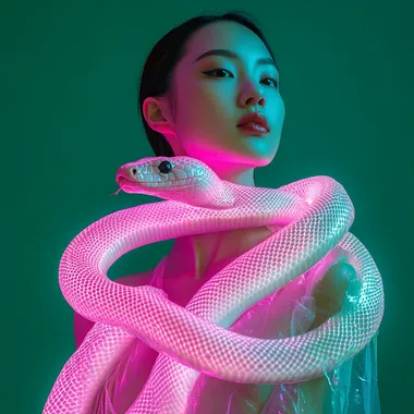 white snake made of glowing pink light, wrapped around the body of Chinese woman, emerald background. Minimalist, front-view, surreal photography style, studio lighting effect, low-angle shot, close-up, exaggerated perspective, strong contrast between reality and fantasy, unique visual effects, in the style of surrealist photography