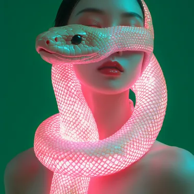 white snake made of glowing pink light, wrapped around the body of Chinese woman, emerald background. Minimalist, front-view, surreal photography style, studio lighting effect, low-angle shot, close-up, exaggerated perspective, strong contrast between reality and fantasy, unique visual effects, in the style of surrealist photography