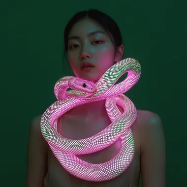 white snake made of glowing pink light, wrapped around the body of Chinese woman, emerald background. Minimalist, front-view, surreal photography style, studio lighting effect, low-angle shot, close-up, exaggerated perspective, strong contrast between reality and fantasy, unique visual effects, in the style of surrealist photography