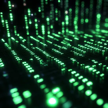 A futuristic computer screen with cascading binary code (1s and 0s) in neon green, glowing against a dark black background, digital rain style, cinematic lighting, cyberpunk aesthetic, high detail, hyper-realistic, immersive atmosphere.