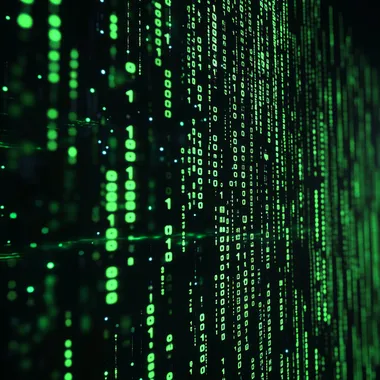A futuristic computer screen with cascading binary code (1s and 0s) in neon green, glowing against a dark black background, digital rain style, cinematic lighting, cyberpunk aesthetic, high detail, hyper-realistic, immersive atmosphere.
