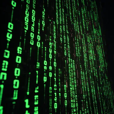 A futuristic computer screen with cascading binary code (1s and 0s) in neon green, glowing against a dark black background, digital rain style, cinematic lighting, cyberpunk aesthetic, high detail, hyper-realistic, immersive atmosphere.
