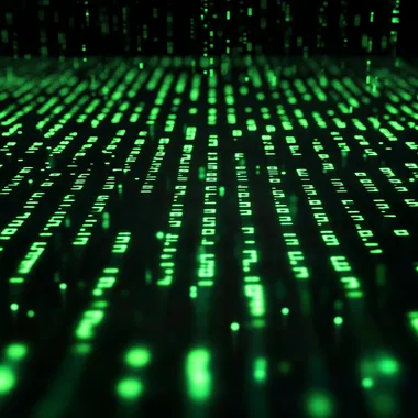 A futuristic computer screen with cascading binary code (1s and 0s) in neon green, glowing against a dark black background, digital rain style, cinematic lighting, cyberpunk aesthetic, high detail, hyper-realistic, immersive atmosphere.