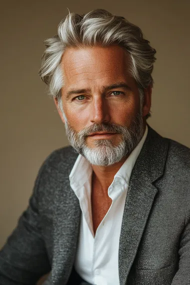 A handsome man in his fifties with blondgreyhair and beard, wearing a white shirt and grey blazer, sitting on a chair against a beige background. The lighting is soft, giving the image a photoshoot-style appearance. The high-resolution photography captures the detailed skin texture, and the natural pose of the subject, who is looking directly at the camera. The professional studio lighting contributes to the photorealistic quality of the image.   --s 250