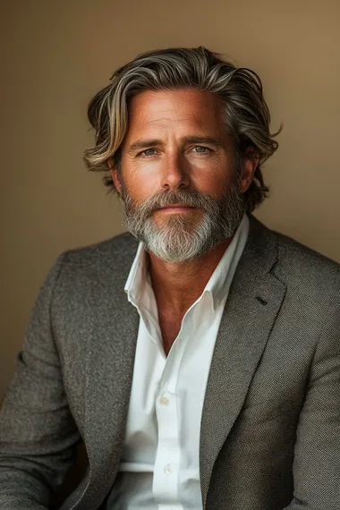 A handsome man in his fifties with blondgreyhair and beard, wearing a white shirt and grey blazer, sitting on a chair against a beige background. The lighting is soft, giving the image a photoshoot-style appearance. The high-resolution photography captures the detailed skin texture, and the natural pose of the subject, who is looking directly at the camera. The professional studio lighting contributes to the photorealistic quality of the image.   --s 250
