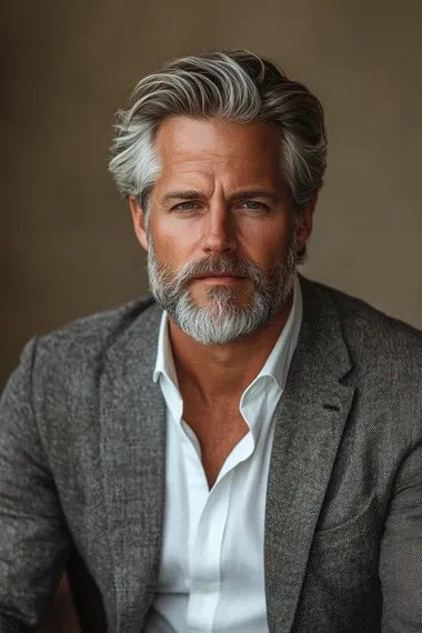 A handsome man in his fifties with blondgreyhair and beard, wearing a white shirt and grey blazer, sitting on a chair against a beige background. The lighting is soft, giving the image a photoshoot-style appearance. The high-resolution photography captures the detailed skin texture, and the natural pose of the subject, who is looking directly at the camera. The professional studio lighting contributes to the photorealistic quality of the image.   --s 250