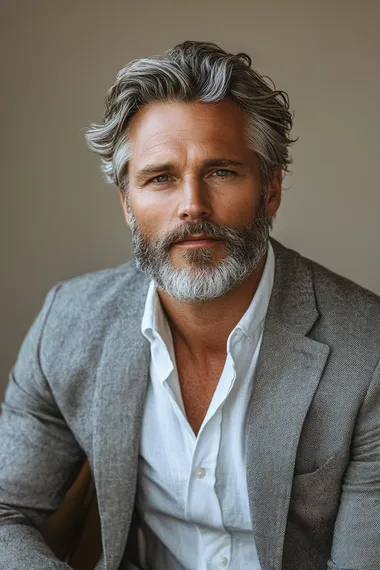 A handsome man in his fifties with blondgreyhair and beard, wearing a white shirt and grey blazer, sitting on a chair against a beige background. The lighting is soft, giving the image a photoshoot-style appearance. The high-resolution photography captures the detailed skin texture, and the natural pose of the subject, who is looking directly at the camera. The professional studio lighting contributes to the photorealistic quality of the image.   --s 250