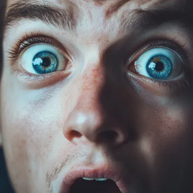A close-up of a person with a shocked expression as if they just saw an incredible, groundbreaking discovery. Their eyes are wide open in disbelief, mouth slightly agape, and eyebrows raised in surprise. The face conveys a sense of awe and astonishment, with dramatic lighting emphasizing the emotional impact. The background is blurred and neutral, drawing all attention to the person's reaction. The style is realistic, capturing the raw emotion of someone who has just witnessed or learned something truly shocking.