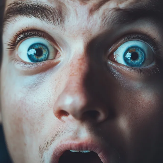 a man with blue eyes making a surprised face