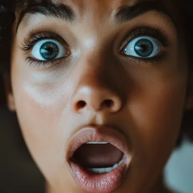 A close-up of a person with a shocked expression as if they just saw an incredible, groundbreaking discovery. Their eyes are wide open in disbelief, mouth slightly agape, and eyebrows raised in surprise. The face conveys a sense of awe and astonishment, with dramatic lighting emphasizing the emotional impact. The background is blurred and neutral, drawing all attention to the person's reaction. The style is realistic, capturing the raw emotion of someone who has just witnessed or learned something truly shocking.