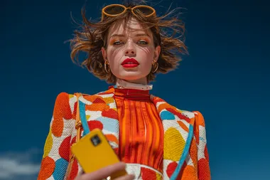 ultra-fashion female model wearing a vibrant high-end outfit, low-angle shot with a wide lens, model holding a sleek modern device close to the camera, elegant hand gesture, soft confident smile, clear blue sky background, no visual noise, minimal and clean composition, editorial style photography, harsh direct sunlight, sharp shadows, high-resolution textures, flawless skin, wind-swept hair, futuristic and cool vibe  --s 750