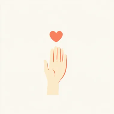 A flat vector graphic of an open hand with the pinky finger extended and floating above it, inside which is a red heart symbol. The background should be plain white to highlight both elements clearly. This design could represent caring or giving for World Kindness Day. Vector illustration in a minimalist style. Isolated on a pastel light beige color background.   --s 50