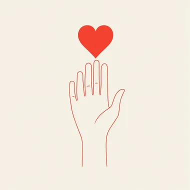 A flat vector graphic of an open hand with the pinky finger extended and floating above it, inside which is a red heart symbol. The background should be plain white to highlight both elements clearly. This design could represent caring or giving for World Kindness Day. Vector illustration in a minimalist style. Isolated on a pastel light beige color background.   --s 50