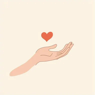 A flat vector graphic of an open hand with the pinky finger extended and floating above it, inside which is a red heart symbol. The background should be plain white to highlight both elements clearly. This design could represent caring or giving for World Kindness Day. Vector illustration in a minimalist style. Isolated on a pastel light beige color background.   --s 50