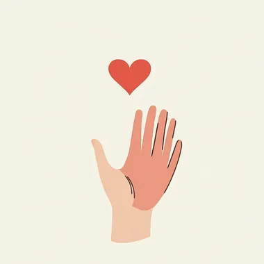 A flat vector graphic of an open hand with the pinky finger extended and floating above it, inside which is a red heart symbol. The background should be plain white to highlight both elements clearly. This design could represent caring or giving for World Kindness Day. Vector illustration in a minimalist style. Isolated on a pastel light beige color background.   --s 50