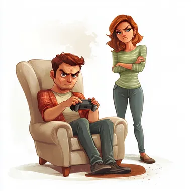 comical illustration of husband sitting in a chair playing video games while frustrated wife stands in the background with arms crossed and frustrated face, White background