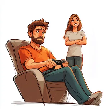 comical illustration of husband sitting in a chair playing video games while frustrated wife stands in the background with arms crossed and frustrated face, White background