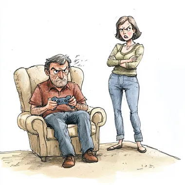 comical illustration of husband sitting in a chair playing video games while frustrated wife stands in the background with arms crossed and frustrated face, White background