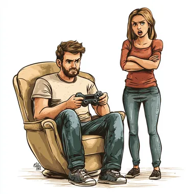 comical illustration of husband sitting in a chair playing video games while frustrated wife stands in the background with arms crossed and frustrated face, White background