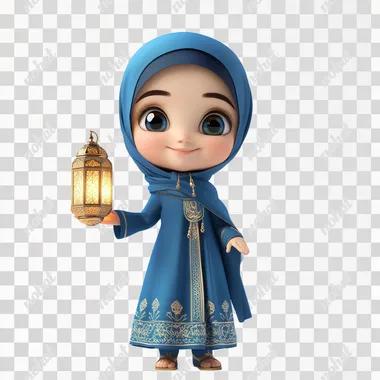 3D character of a smiling Muslim girl holding a Ramadan lantern in her hand, wearing blue Islamic clothing, a mosque behind her, a white background
