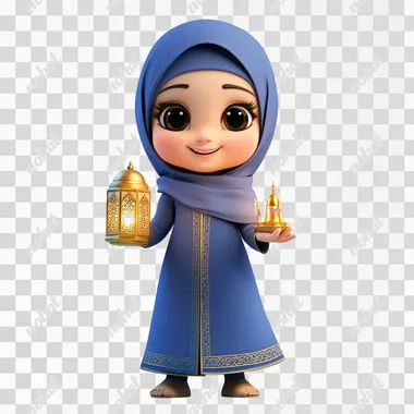 3D character of a smiling Muslim girl holding a Ramadan lantern in her hand, wearing blue Islamic clothing, a mosque behind her, a white background