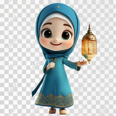 3D character of a smiling Muslim girl holding a Ramadan lantern in her hand, wearing blue Islamic clothing, a mosque behind her, a white background