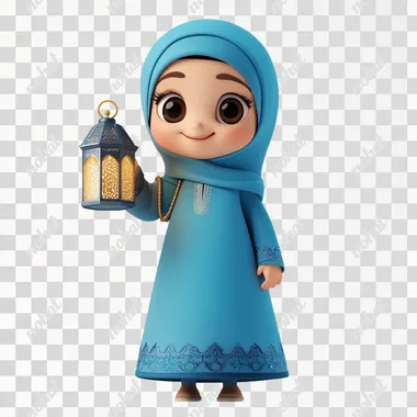 3D character of a smiling Muslim girl holding a Ramadan lantern in her hand, wearing blue Islamic clothing, a mosque behind her, a white background
