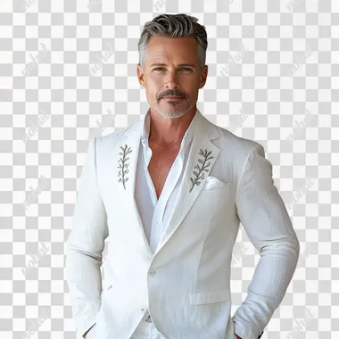 A handsome, fit, muscular middle-aged man, wearing a white cotton and linen pleated suit jacket, peaked lapels, with vintage vine embroidery on the collar, paired with a white shirt and white straight pants. The model stands facing the camera, high-definition, real shot, light gray background, main clothing, retro old money style